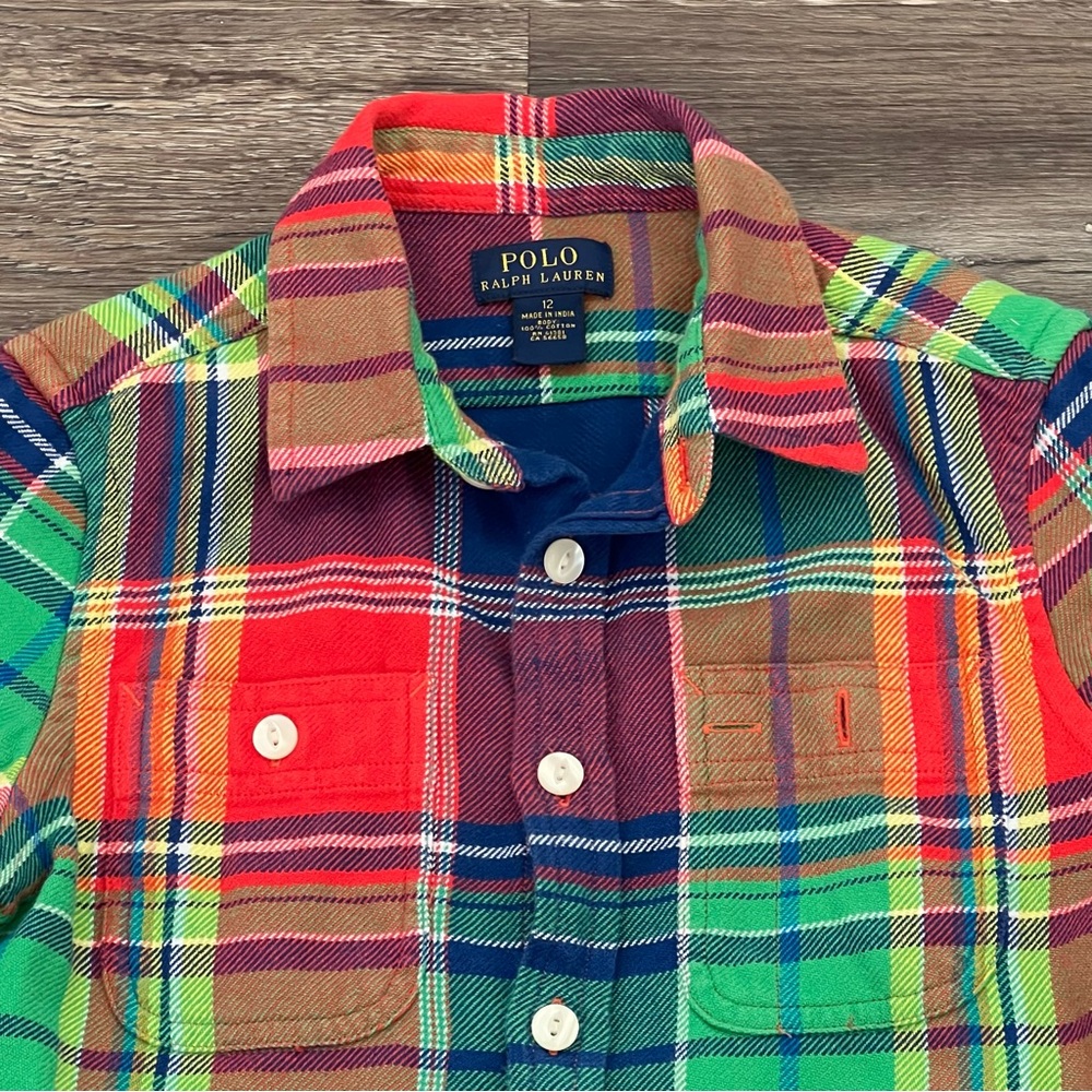 POLO Ralph Lauren Boy's Plaid Pocket Cotton Shirt Multicolor Flannel Size 12